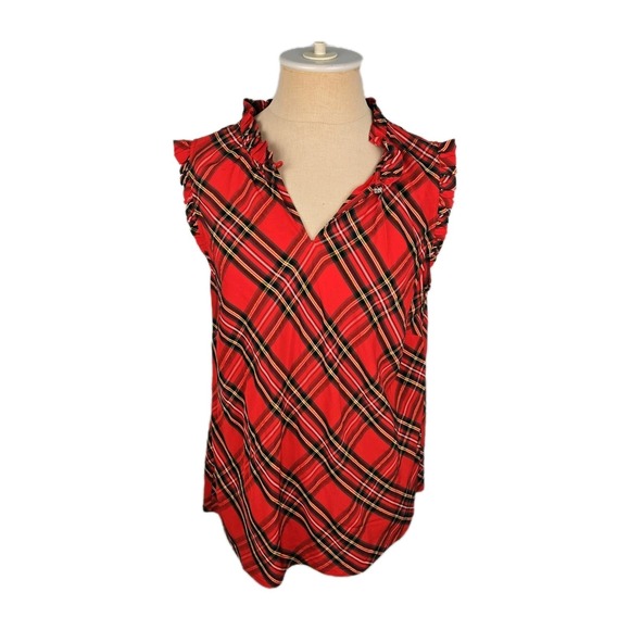 Talbots Tops - Talbots Tartan Plaid Holiday Blouse Shirt Size S Top Red Black Ruffle Neck